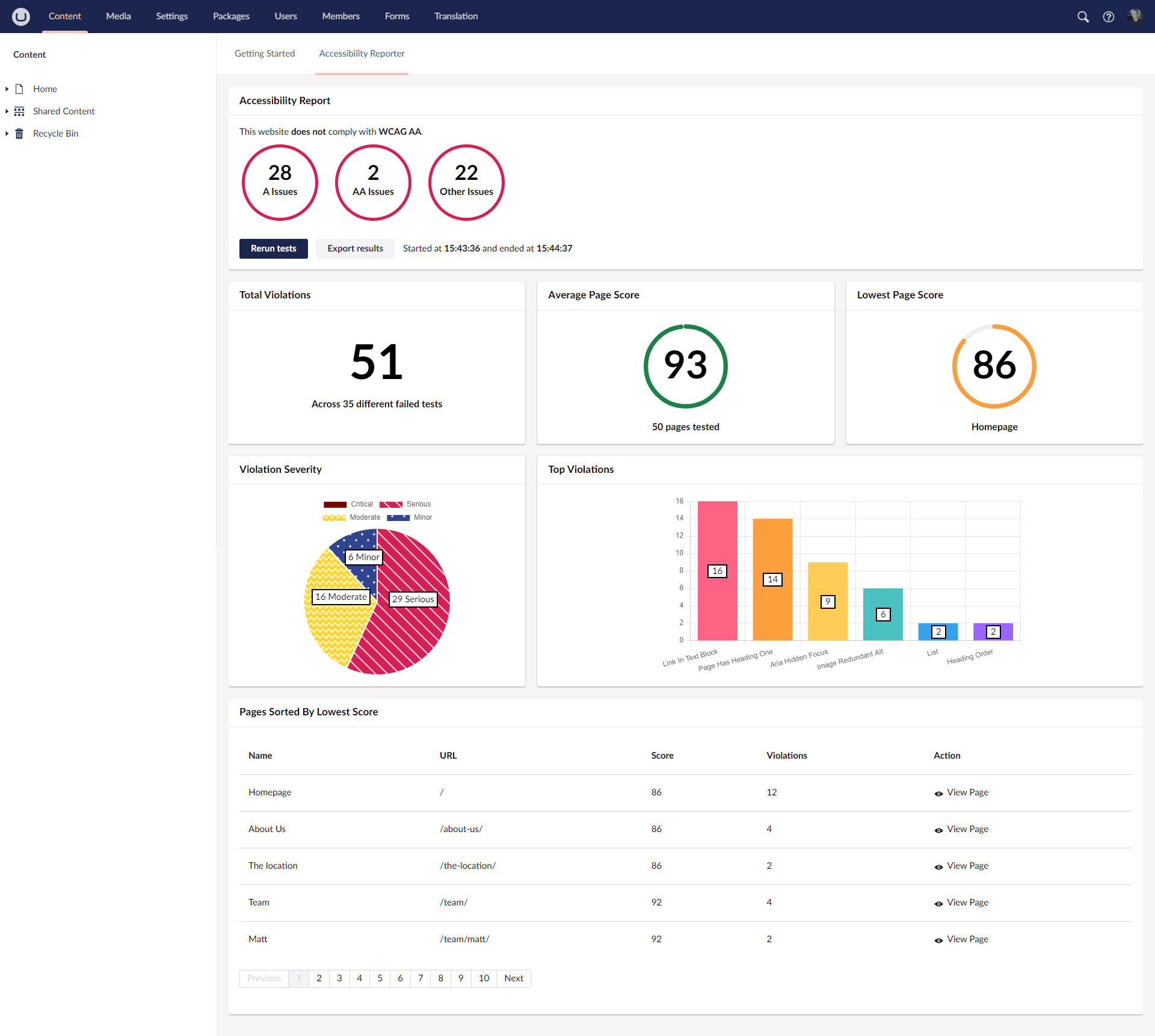 Dashboard of accessibility audit results
