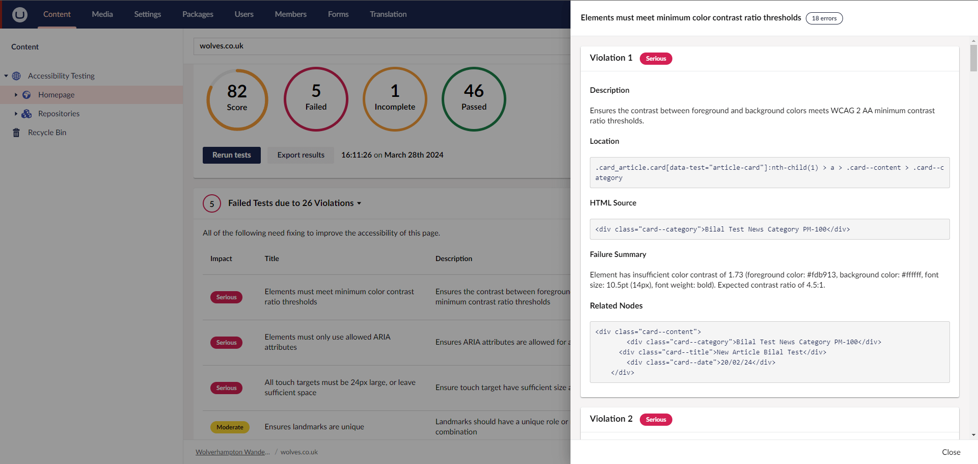 Detailed view showing accessibility issues and how to fix them